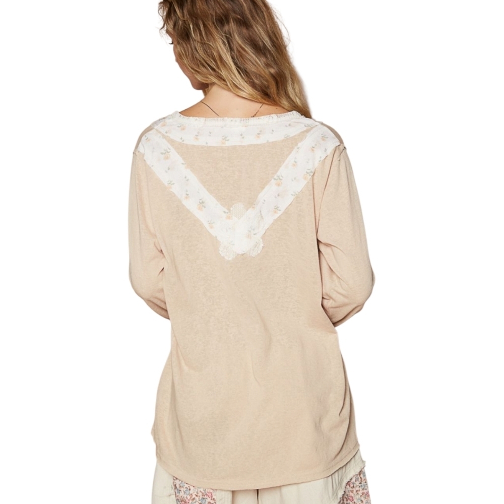 Pol Beige Long Sleeve Top with White Lace Detail, Cotton Blend.S,M,L - Picture 4 of 4